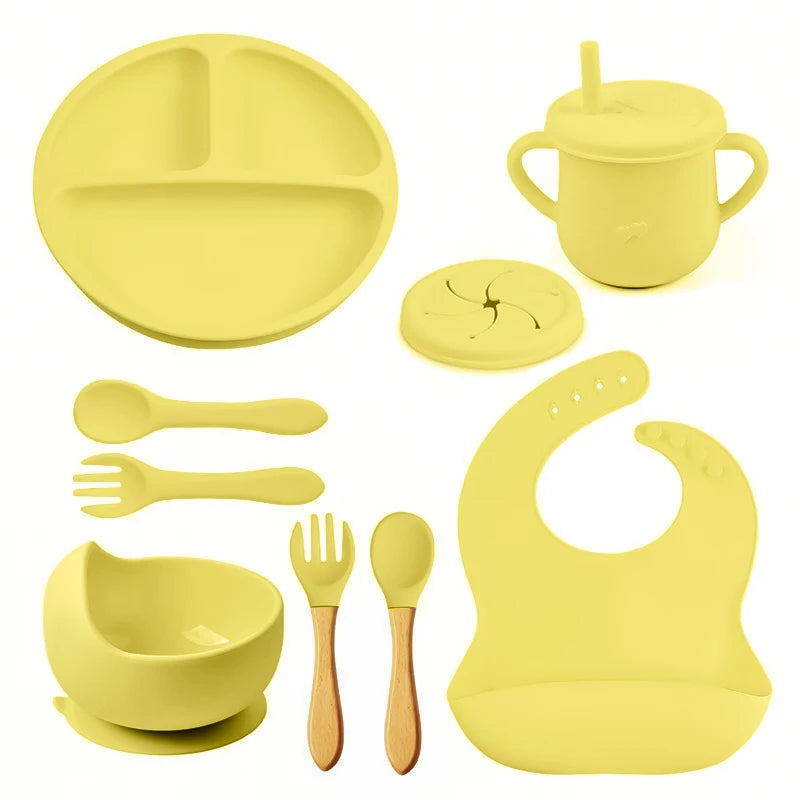 Set de Repas en Silicone pour Enfants - 8 Pièces Antidérapantes avec Bavoirs et Ustensiles