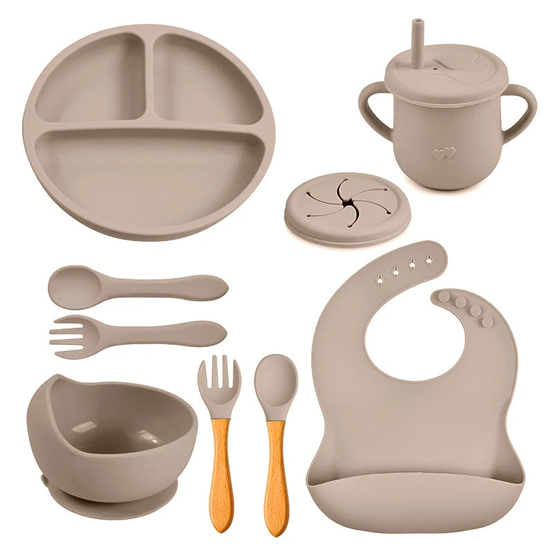 Set de Repas en Silicone pour Enfants - 8 Pièces Antidérapantes avec Bavoirs et Ustensiles