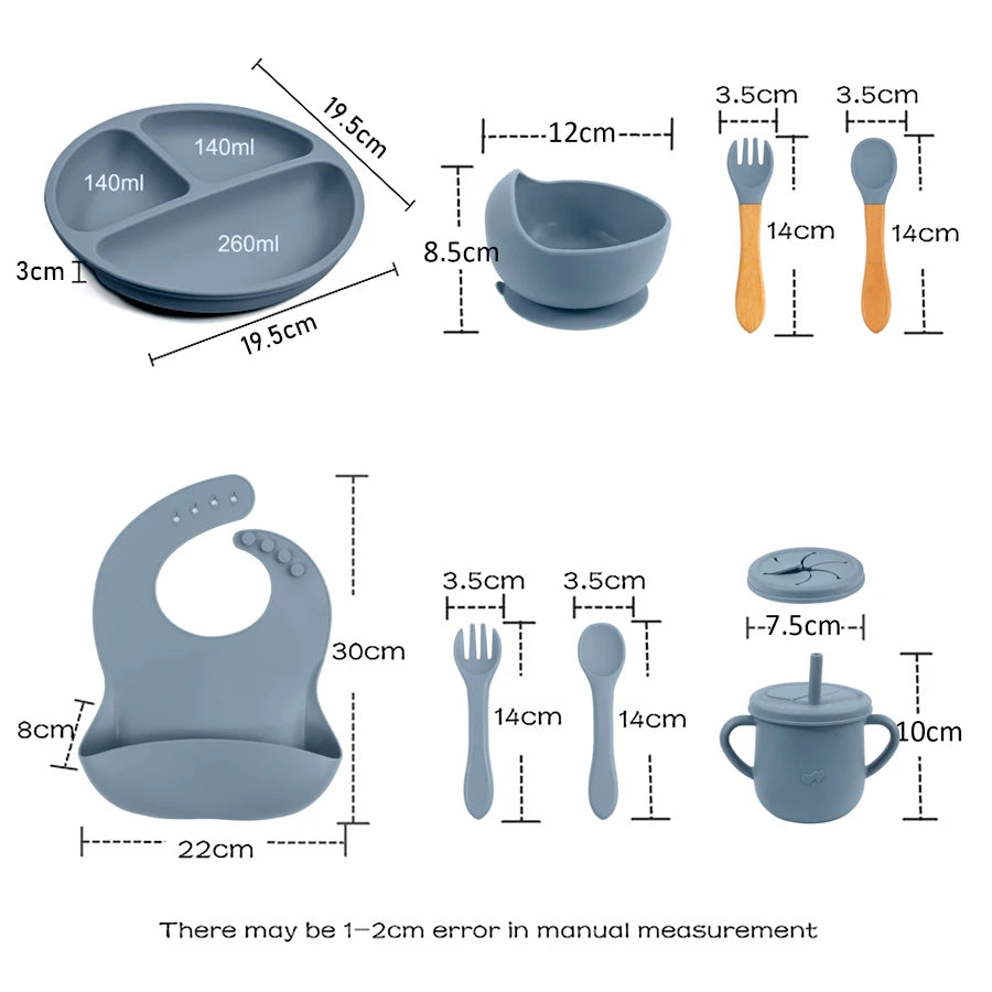 Set de Repas en Silicone pour Enfants - 8 Pièces Antidérapantes avec Bavoirs et Ustensiles