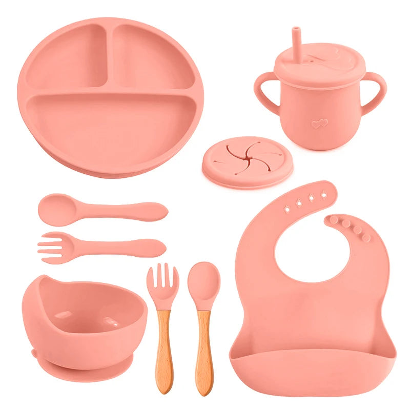 Set de Repas en Silicone pour Enfants - 8 Pièces Antidérapantes avec Bavoirs et Ustensiles