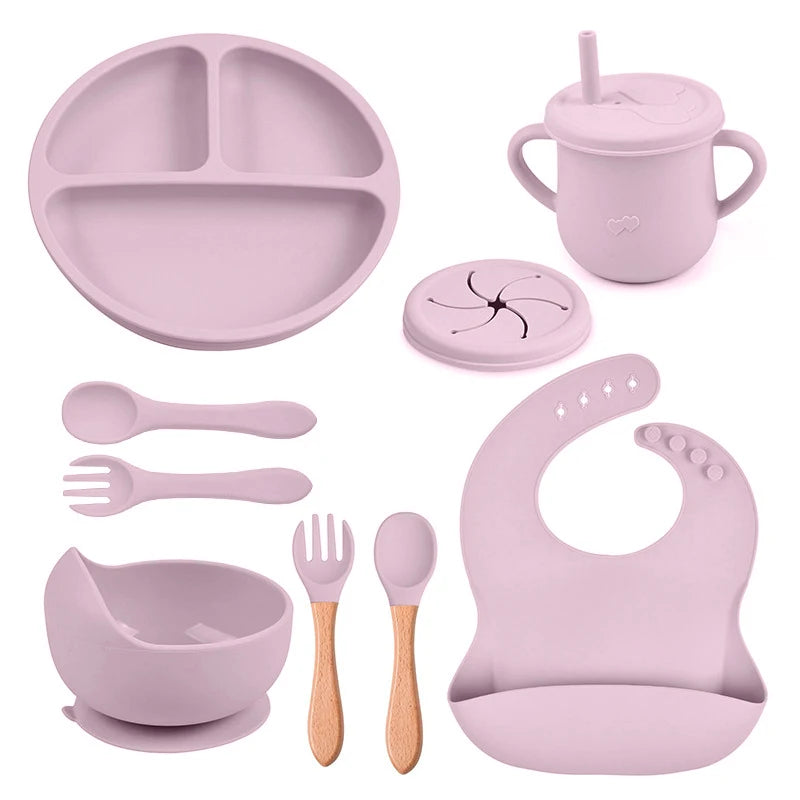 Set de Repas en Silicone pour Enfants - 8 Pièces Antidérapantes avec Bavoirs et Ustensiles