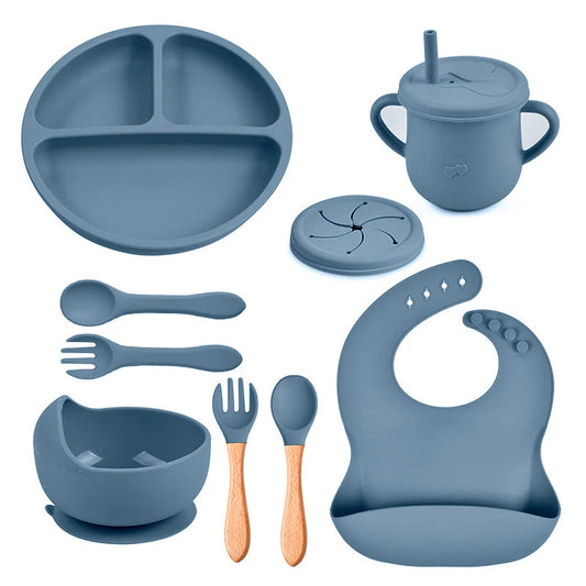 Set de Repas en Silicone pour Enfants - 8 Pièces Antidérapantes avec Bavoirs et Ustensiles