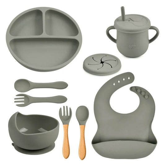 Set de Repas en Silicone pour Enfants - 8 Pièces Antidérapantes avec Bavoirs et Ustensiles